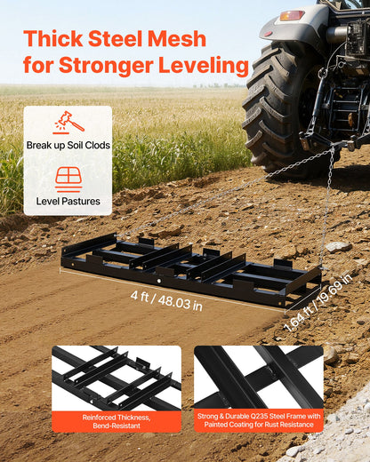 Drag Harrow, 122 x 50 cm, Tow-Behind Driveway Grader with Adjustable Width & 50lbs Load Capacity, Heavy Duty Lawn Leveling Rake, Galvanized Steel Gravel Driveway Drag, Fits ATVs UTVs Tractors