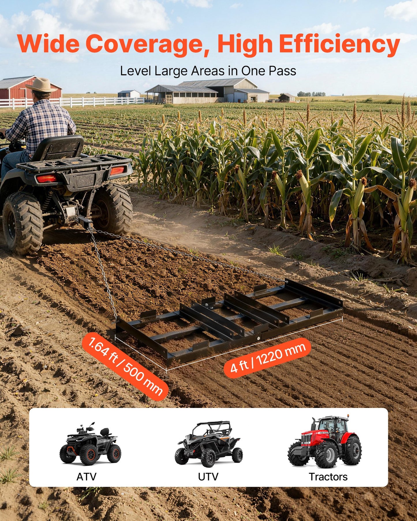 Drag Harrow, 122 x 50 cm, Tow-Behind Driveway Grader with Adjustable Width & 50lbs Load Capacity, Heavy Duty Lawn Leveling Rake, Galvanized Steel Gravel Driveway Drag, Fits ATVs UTVs Tractors