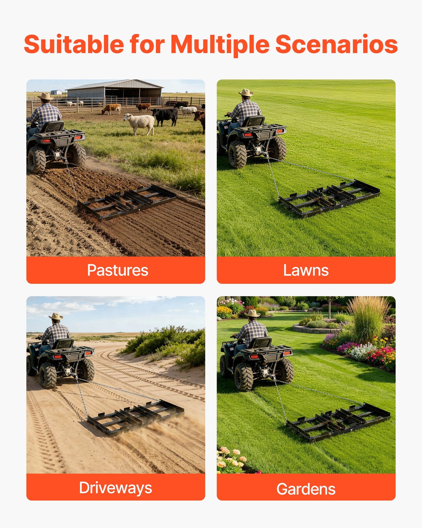 Drag Harrow, 122 x 50 cm, Tow-Behind Driveway Grader with Adjustable Width & 50lbs Load Capacity, Heavy Duty Lawn Leveling Rake, Galvanized Steel Gravel Driveway Drag, Fits ATVs UTVs Tractors