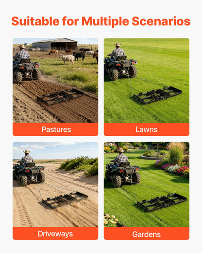 Drag Harrow, 122 x 50 cm, Tow-Behind Driveway Grader with Adjustable Width & 50lbs Load Capacity, Heavy Duty Lawn Leveling Rake, Galvanized Steel Gravel Driveway Drag, Fits ATVs UTVs Tractors