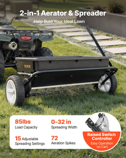 Tow Behind Lawn Spreader with Aeration Spikes, 0.81m Spreading Width, Broadcast Spreader with Universal Hitch, Garden Seeder & Soil Aerator with 100lbs Capacity & 10 in Tires for ATVs UTVs