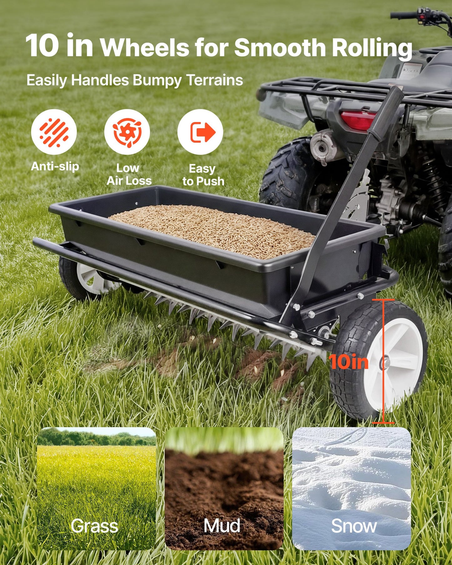 Tow Behind Lawn Spreader with Aeration Spikes, 0.81m Spreading Width, Broadcast Spreader with Universal Hitch, Garden Seeder & Soil Aerator with 100lbs Capacity & 10 in Tires for ATVs UTVs