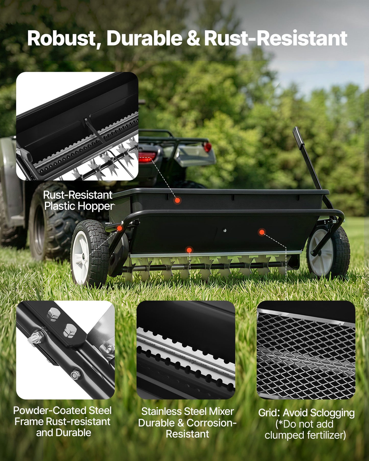 Tow Behind Lawn Spreader with Aeration Spikes, 0.81m Spreading Width, Broadcast Spreader with Universal Hitch, Garden Seeder & Soil Aerator with 100lbs Capacity & 10 in Tires for ATVs UTVs