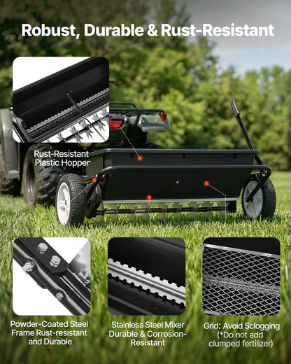 Tow Behind Lawn Spreader with Aeration Spikes, 0.81m Spreading Width, Broadcast Spreader with Universal Hitch, Garden Seeder & Soil Aerator with 100lbs Capacity & 10 in Tires for ATVs UTVs