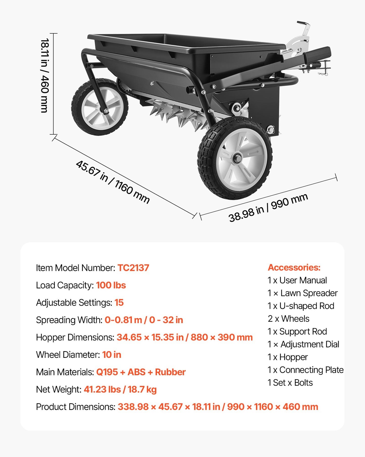 Tow Behind Lawn Spreader with Aeration Spikes, 0.81m Spreading Width, Broadcast Spreader with Universal Hitch, Garden Seeder & Soil Aerator with 100lbs Capacity & 10 in Tires for ATVs UTVs