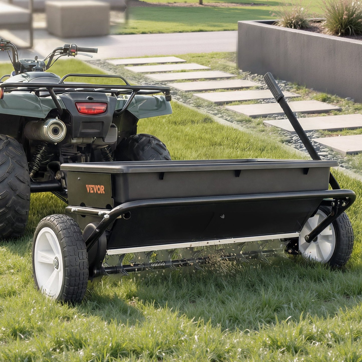 Tow Behind Lawn Spreader with Aeration Spikes, 0.81m Spreading Width, Broadcast Spreader with Universal Hitch, Garden Seeder & Soil Aerator with 100lbs Capacity & 10 in Tires for ATVs UTVs