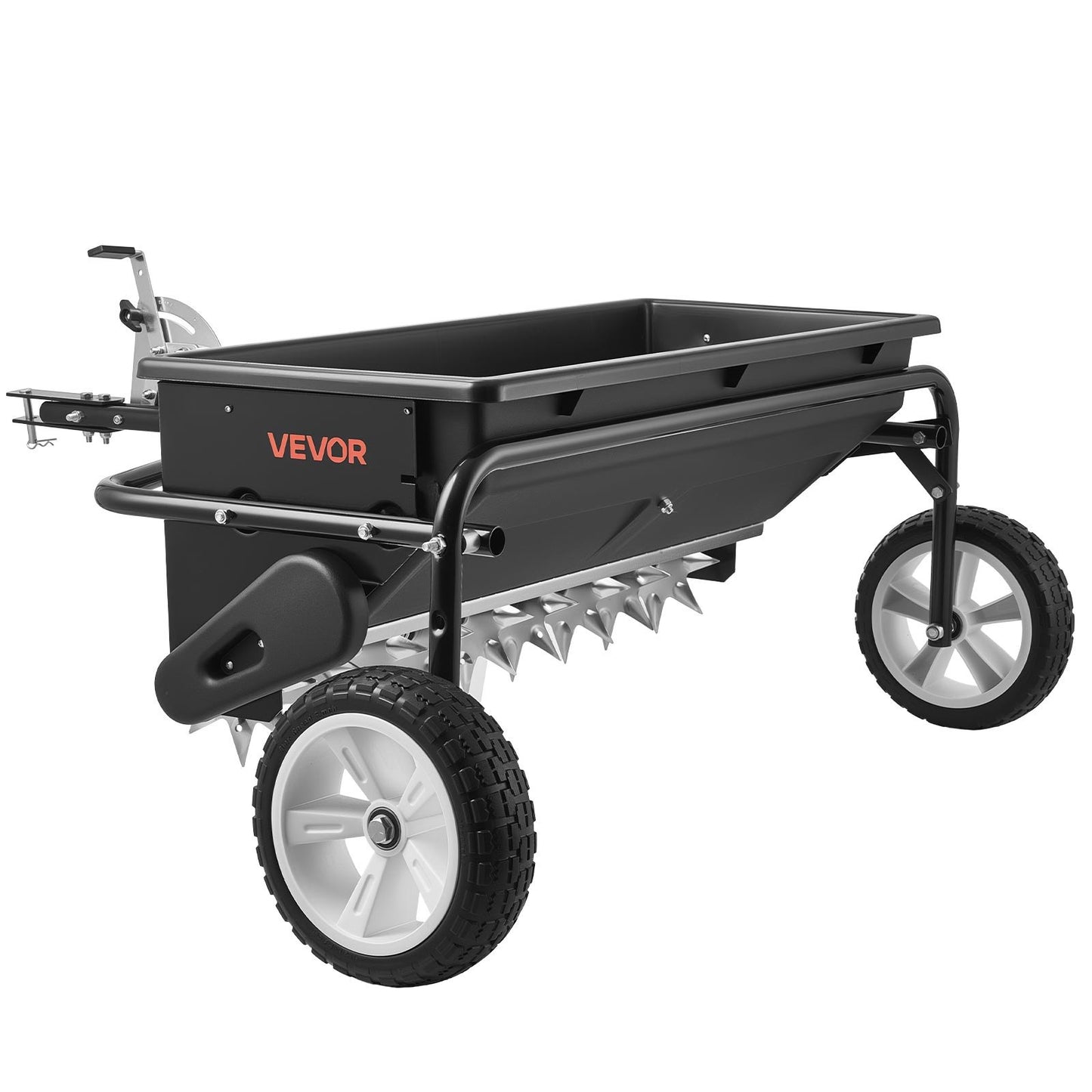 Tow Behind Lawn Spreader with Aeration Spikes, 0.81m Spreading Width, Broadcast Spreader with Universal Hitch, Garden Seeder & Soil Aerator with 100lbs Capacity & 10 in Tires for ATVs UTVs