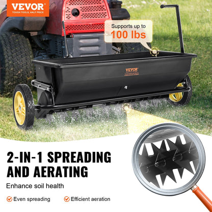 Tow-Behind Drop Spreader with Aerator & Seeder, 100 kg Capacity, 10 m Wheels