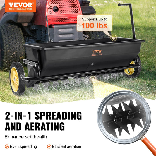 Large hopper holds up to 100 pounds to cover broad lawn areas with fewer refills