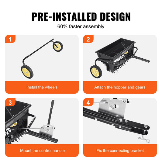Tow-Behind Drop Spreader with Aerator & Seeder, 100 kg Capacity, 10 m Wheels