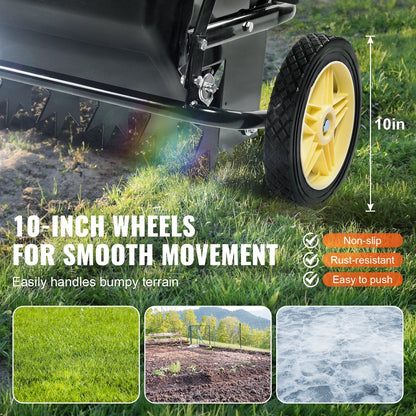Tow-Behind Drop Spreader with Aerator & Seeder, 100 kg Capacity, 10 m Wheels