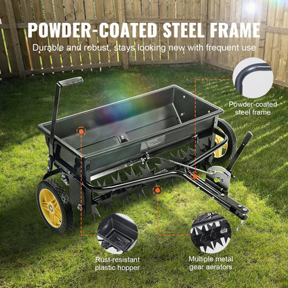 Tow-Behind Drop Spreader with Aerator & Seeder, 100 kg Capacity, 10 m Wheels