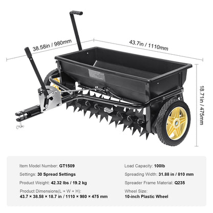 Tow-Behind Drop Spreader with Aerator & Seeder, 100 kg Capacity, 10 m Wheels