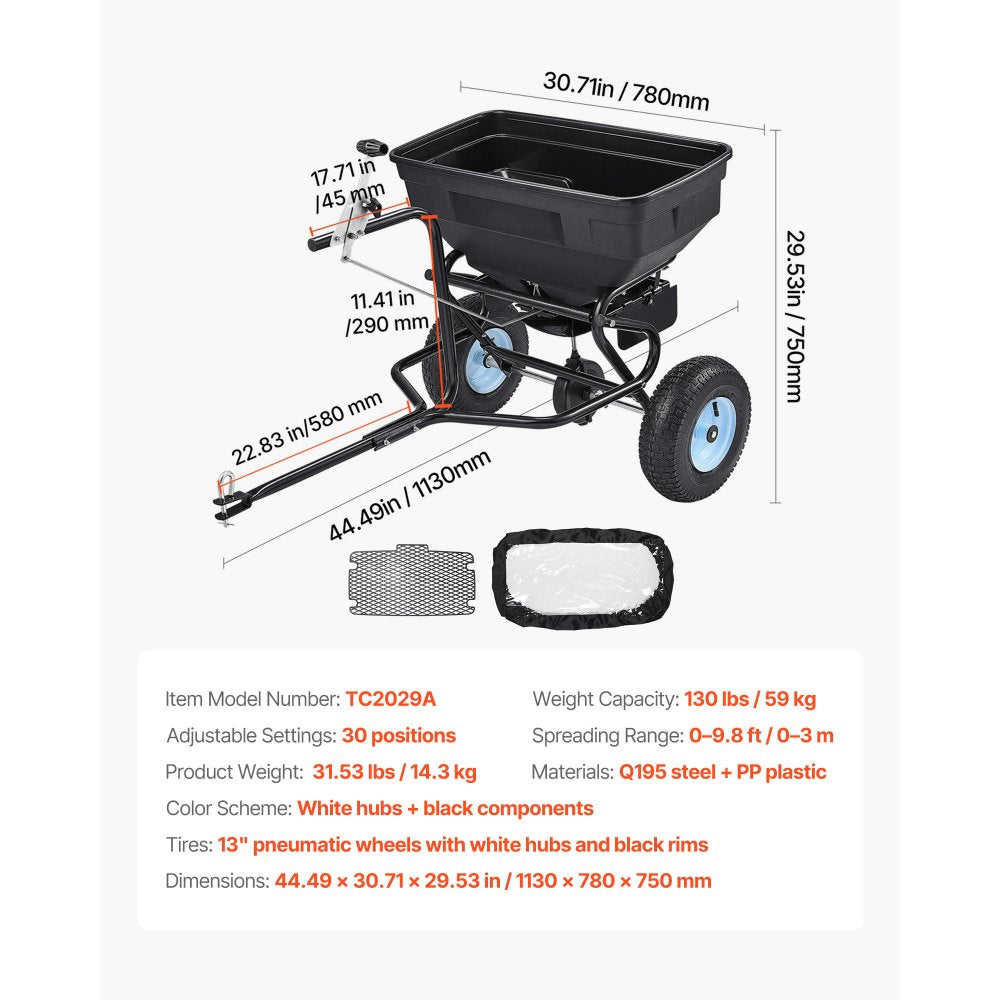 Tow-Behind Broadcast Spreader 130LB 15 Setting 0-9.8 ft Spreading Width for Seed
