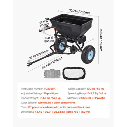 Tow-Behind Broadcast Spreader 130LB 15 Setting 0-9.8 ft Spreading Width for Seed