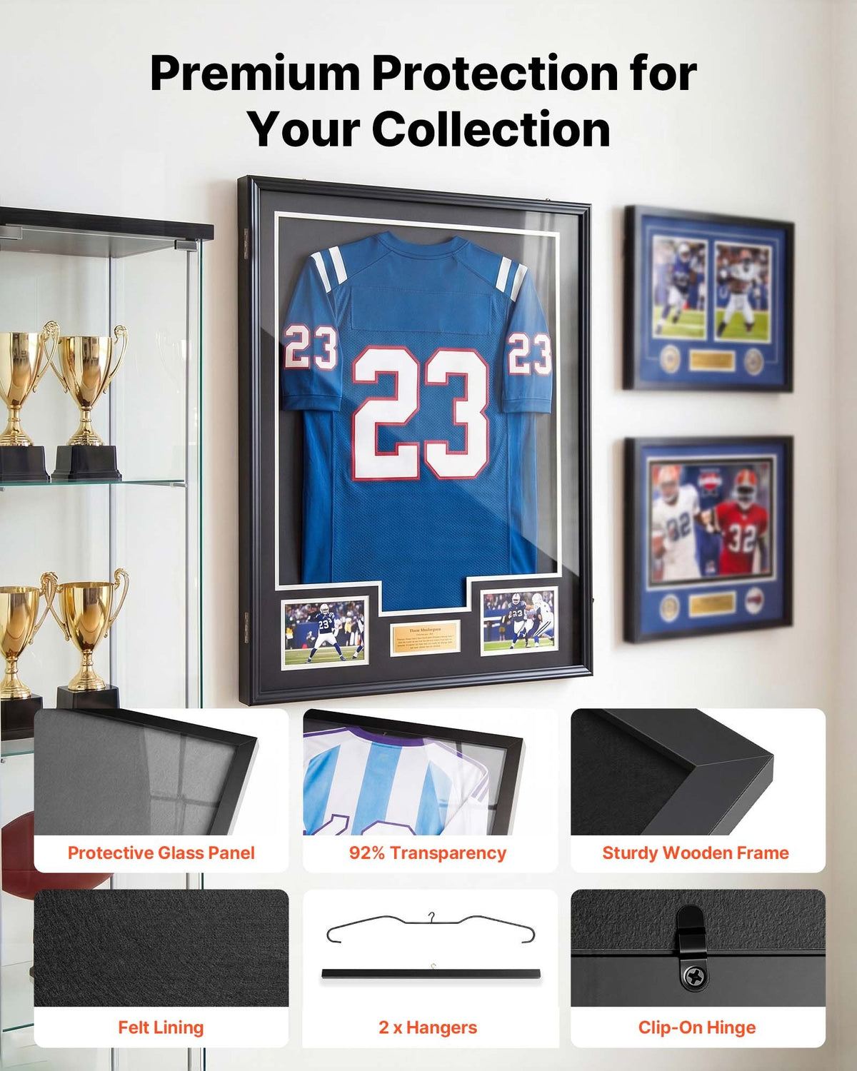 Jersey Frame Display Case, 90 x 70 x 4 cm, Lockable Wooden Sport Jersey Shadow Box with 98% UV Protection PC Panel and Hanger, for Baseball Basketball Football Hockey Shirt Sport and Uniform