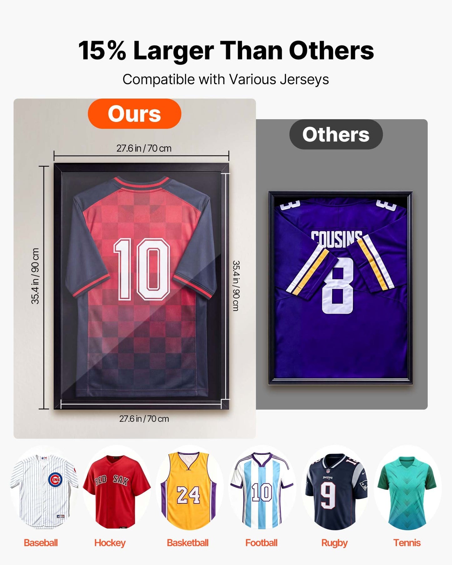 Jersey Frame Display Case, 90 x 70 x 4 cm, Lockable Wooden Sport Jersey Shadow Box with 98% UV Protection PC Panel and Hanger, for Baseball Basketball Football Hockey Shirt Sport and Uniform