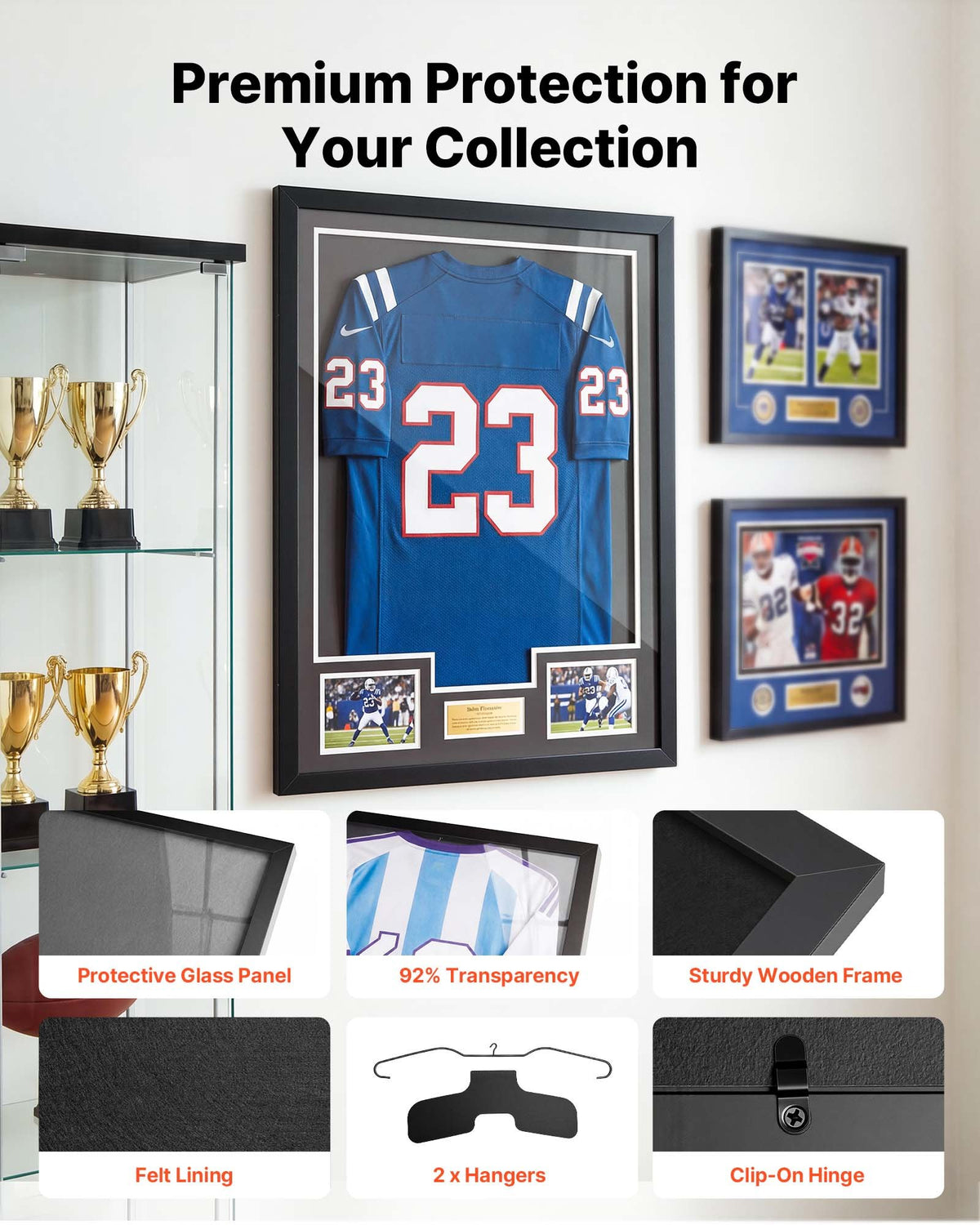 Jersey Frame Display Case, 90 x 70 x 3 cm, Wooden Sport Jersey Shadow Box with 98% UV Protection PC Panel and Hanger, for Baseball Basketball Football Hockey Shirt Sport and Uniform, Black
