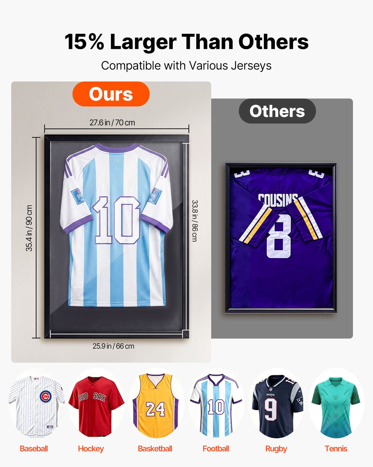 Jersey Frame Display Case, 90 x 70 x 3 cm, Wooden Sport Jersey Shadow Box with 98% UV Protection PC Panel and Hanger, for Baseball Basketball Football Hockey Shirt Sport and Uniform, Black