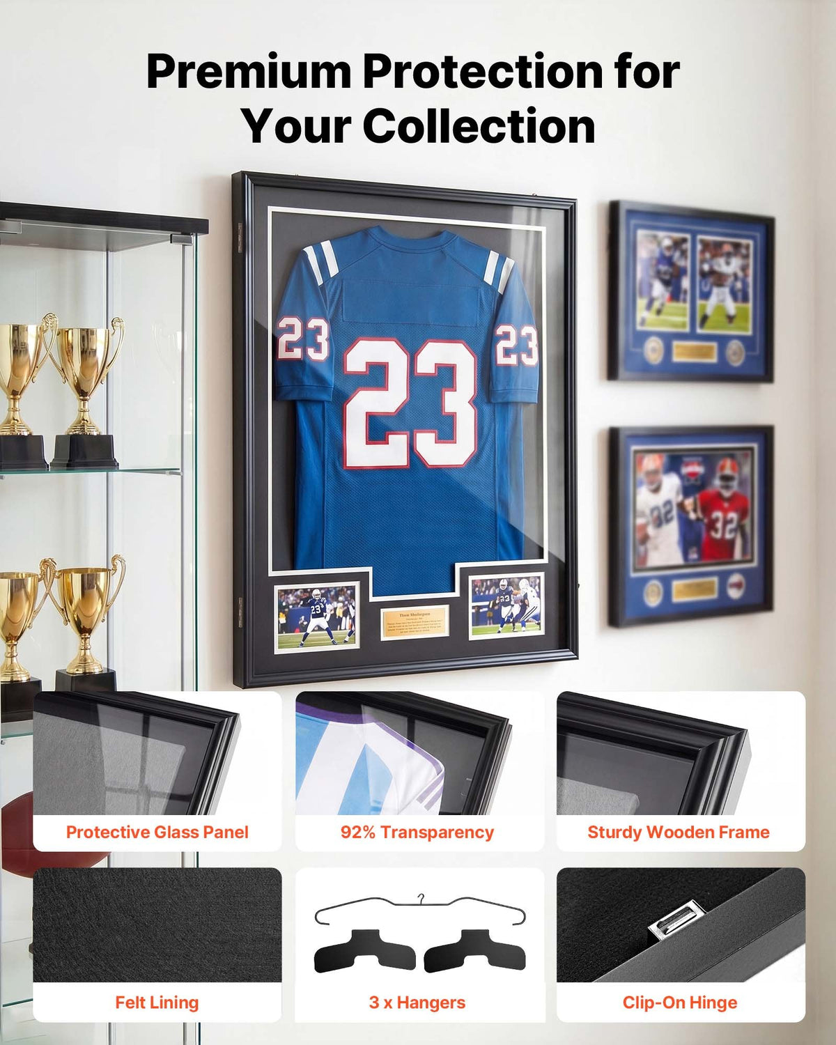 Jersey Frame Display Case, 92.5 x 71.8 x 4 cm, Wooden Sport Jersey Shadow Box with 98% UV Protection PC Panel and Hanger, Magnetic Lock, for Baseball Basketball Football Hockey Shirt Uniform