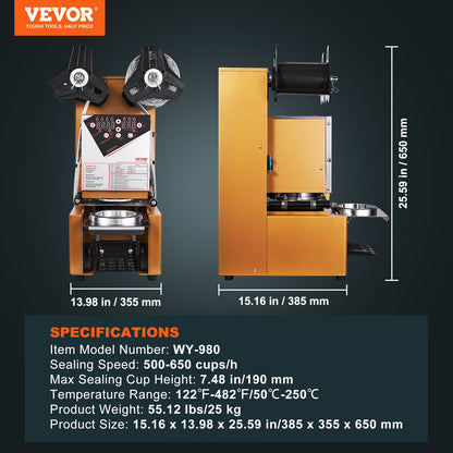 VEVOR Fully Automatic Cup Sealing Machine, 500-650 Cups/H, Cup Sealer Machine for