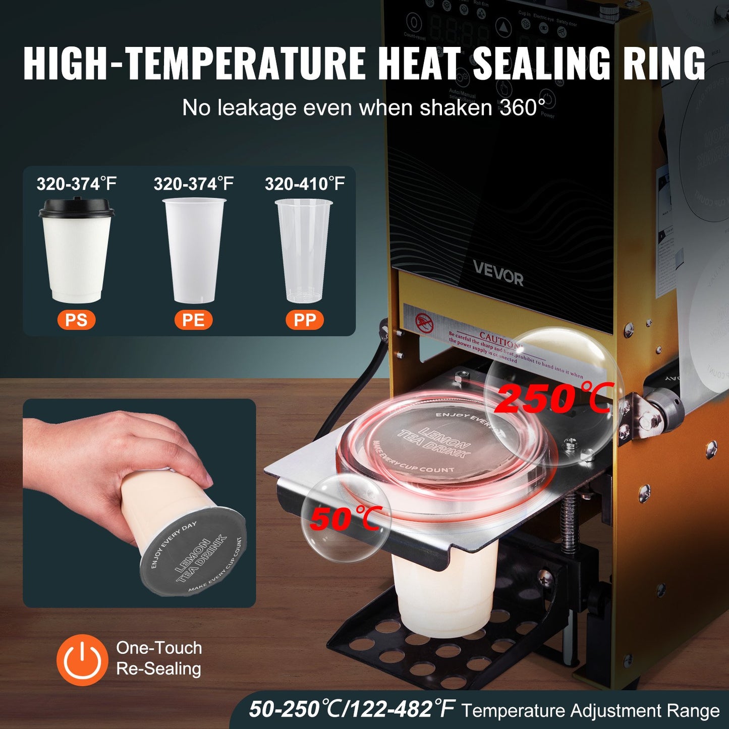 Fully Automatic Cup Sealing Machine, 500-650 Cups/H, Cup Sealer Machine for 180 mm Tall & 90/95 mm Cup, Electric Boba Tea Sealer with Digital Control LCD Panel for Bubble Milk Tea Coffee, Gold