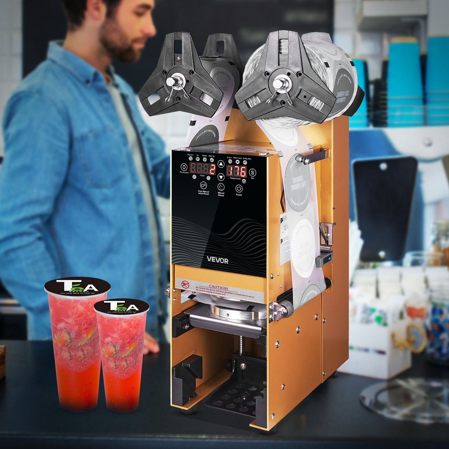 Fully Automatic Cup Sealing Machine, 500-650 Cups/H, Cup Sealer Machine for 180 mm Tall & 90/95 mm Cup, Electric Boba Tea Sealer with Digital Control LCD Panel for Bubble Milk Tea Coffee, Gold