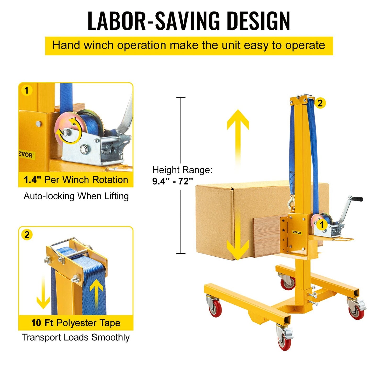 Manual Winch Stacker, Adjustable Height 0.24m-1.83m, 150kg Capacity, Steel Lift