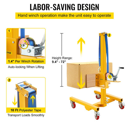Manual Winch Stacker, Adjustable Height 0.24m-1.83m, 150kg Capacity, Steel Lift