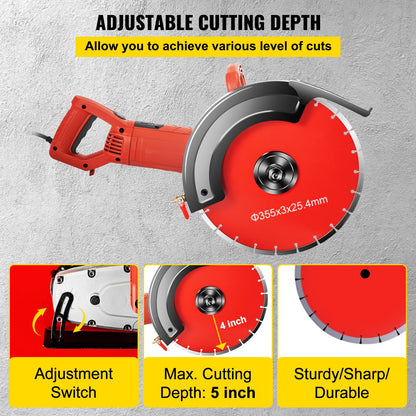 VEVOR Electric Concrete Saw, 14" Concrete Cutter, 1800W Concrete Saw, Electric Circular
