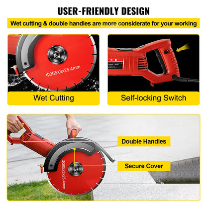 Electric 1800W Concrete Saw with 355mm Blade for Masonry and Stone Cutting