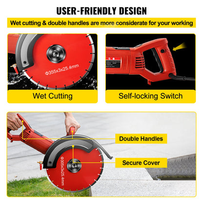 VEVOR Electric Concrete Saw, 14" Concrete Cutter, 1800W Concrete Saw, Electric Circular