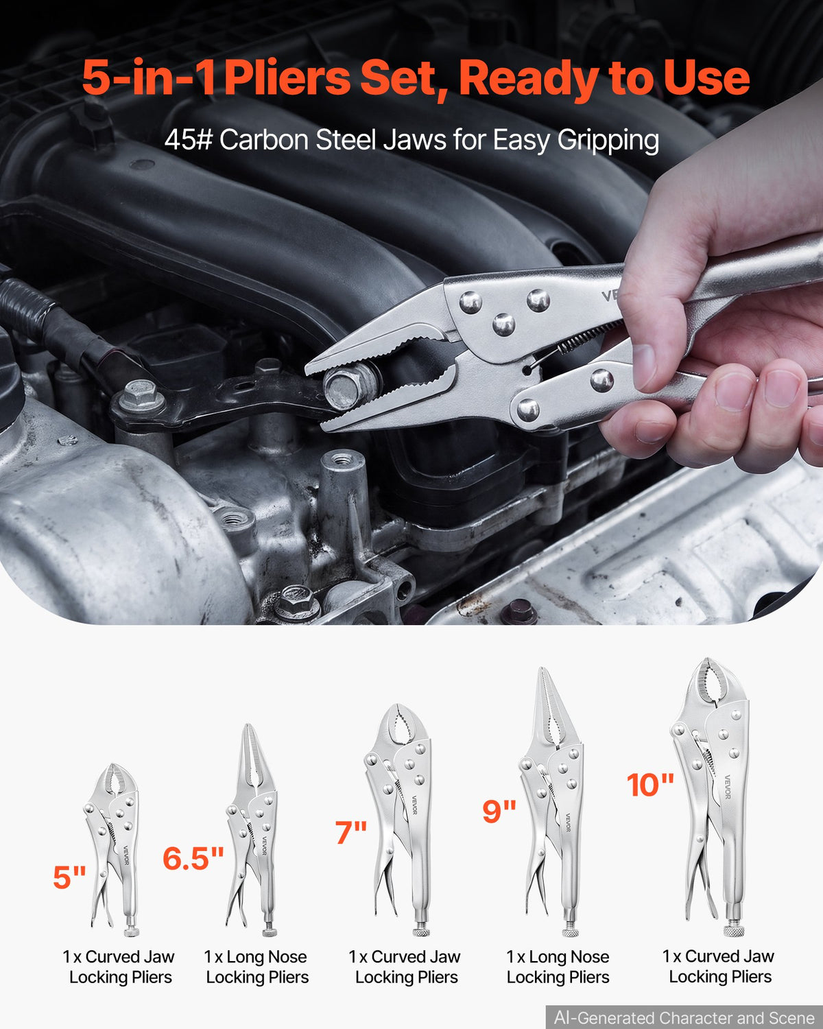 Locking Pliers Set 5-Piece Pliers Tool Set Nickel-Plated Carbon Steel, Hand Tools for DIY & Home Use, Curved Jaw and Long Nose, Ergonomic Non-Slip Handles, Easy Operation, Adjustable Jaw Opening