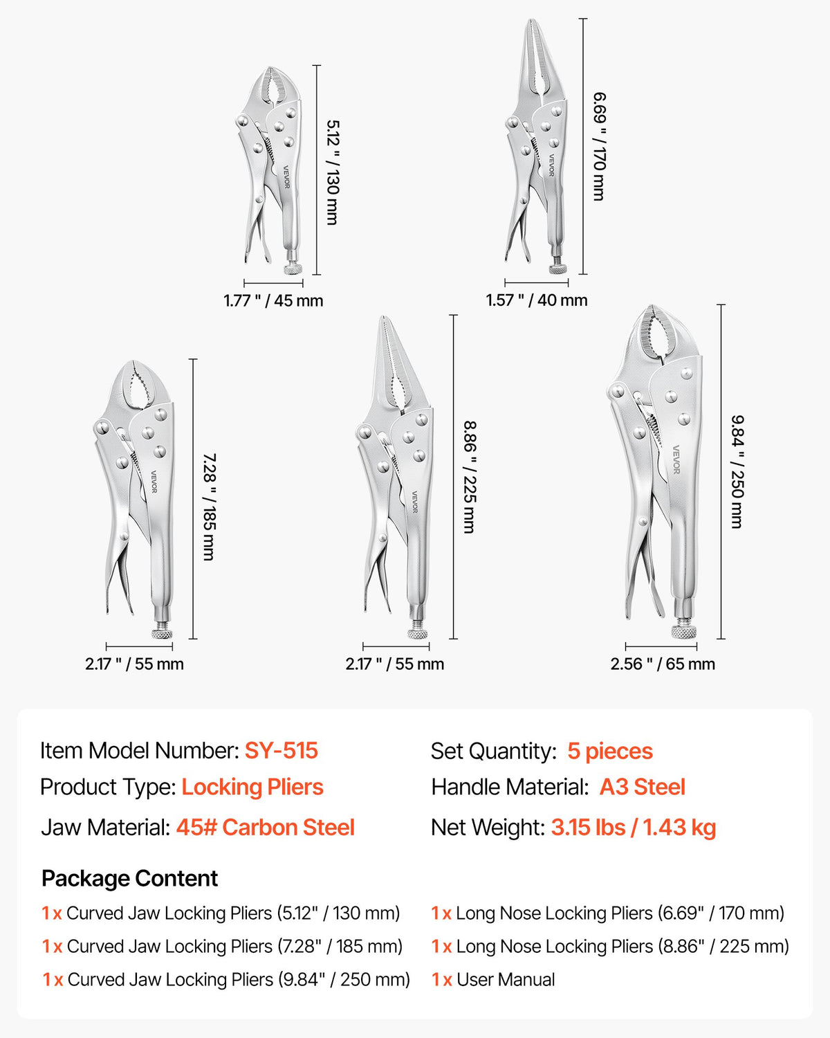 Locking Pliers Set 5-Piece Pliers Tool Set Nickel-Plated Carbon Steel, Hand Tools for DIY & Home Use, Curved Jaw and Long Nose, Ergonomic Non-Slip Handles, Easy Operation, Adjustable Jaw Opening