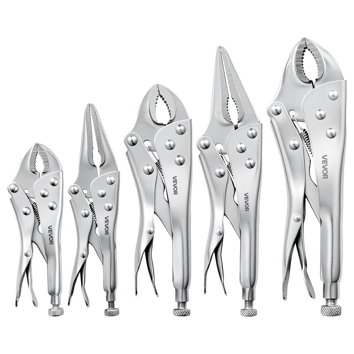 Locking Pliers Set 5-Piece Pliers Tool Set Nickel-Plated Carbon Steel, Hand Tools for DIY & Home Use, Curved Jaw and Long Nose, Ergonomic Non-Slip Handles, Easy Operation, Adjustable Jaw Opening