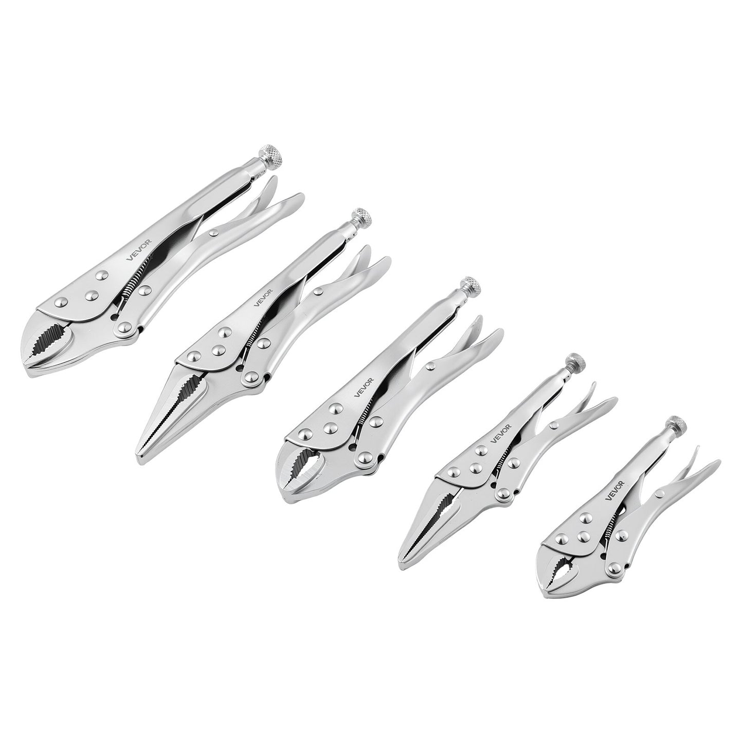 Locking Pliers Set 5-Piece Pliers Tool Set Nickel-Plated Carbon Steel, Hand Tools for DIY & Home Use, Curved Jaw and Long Nose, Ergonomic Non-Slip Handles, Easy Operation, Adjustable Jaw Opening