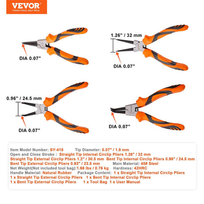 4-Piece Snap Ring Pliers Set, 1.8mm Tips, High Carbon Steel, with Tool Bag