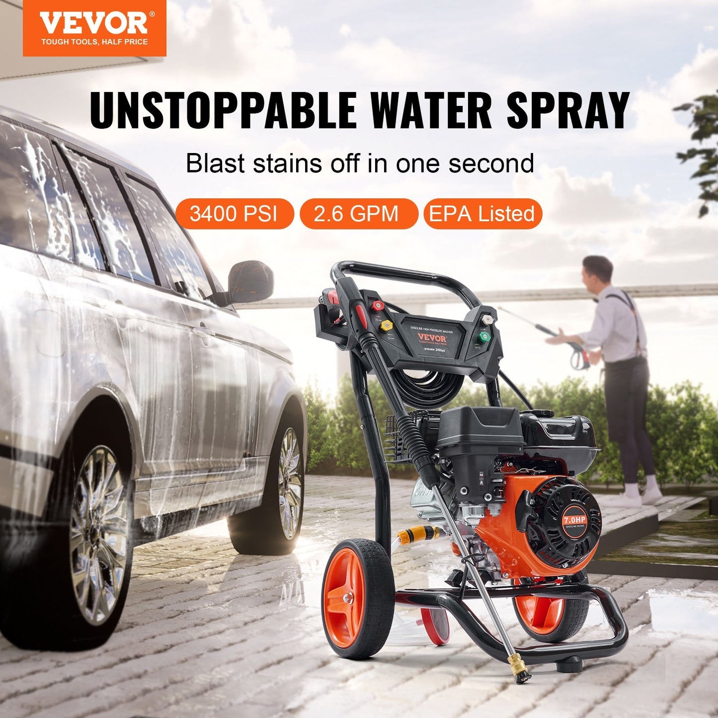 Gas Powered Pressure Washer, 3400 PSI, 2.6 GPM, 210cc, 5 Nozzles, 25.3 kg