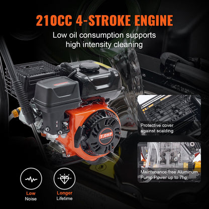 Gas Powered Pressure Washer, 3400 PSI, 2.6 GPM, 210cc, 5 Nozzles, 25.3 kg