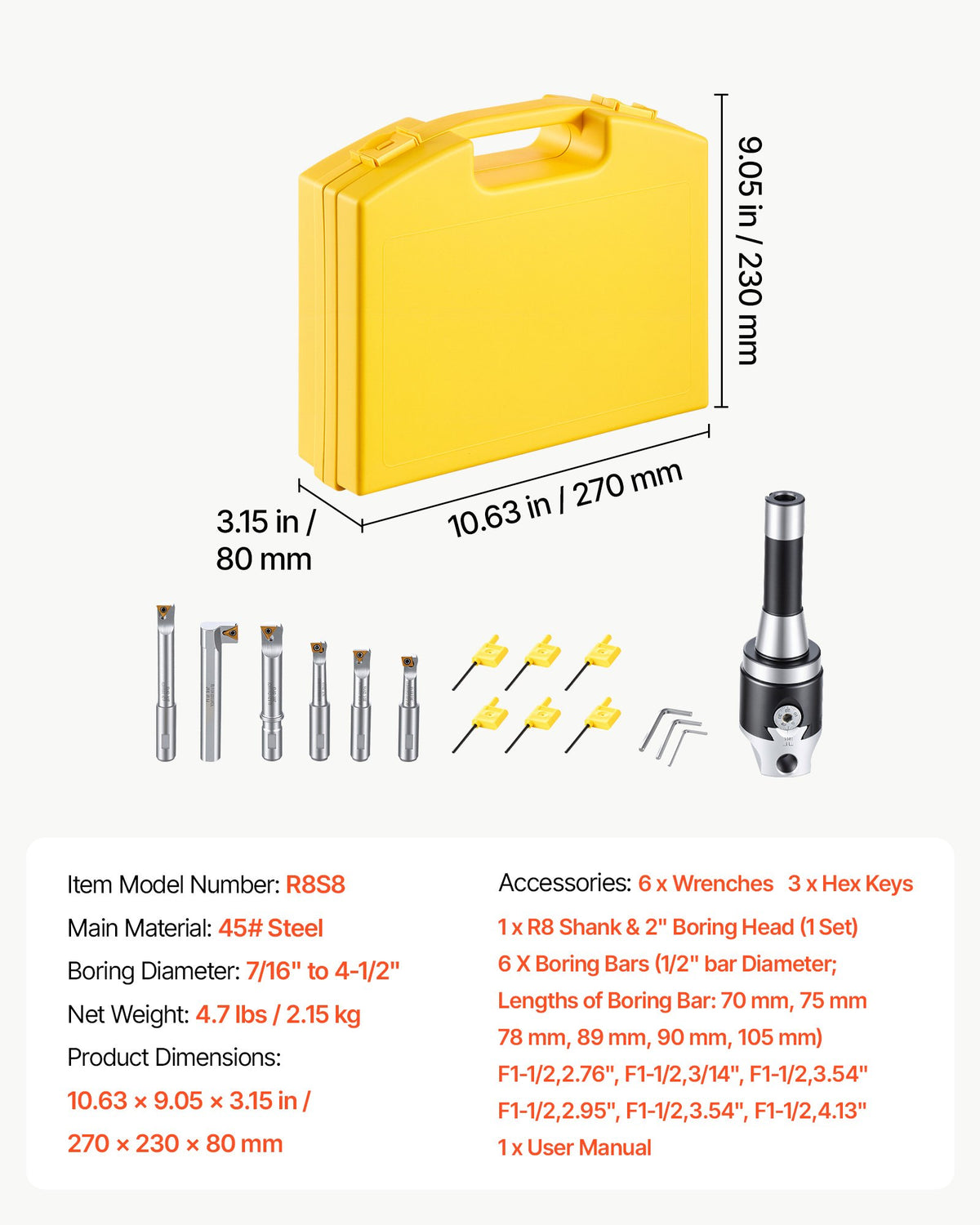 R8 Boring Head 2-Inch Indexable 8 Piece Boring Bar Set with R8 Shank, for Milling Machine Drill Press, 7/16" to 4-1/2", Precision Bore Diameter Adjustment, Hardened & Ground, Labeled Storage Box