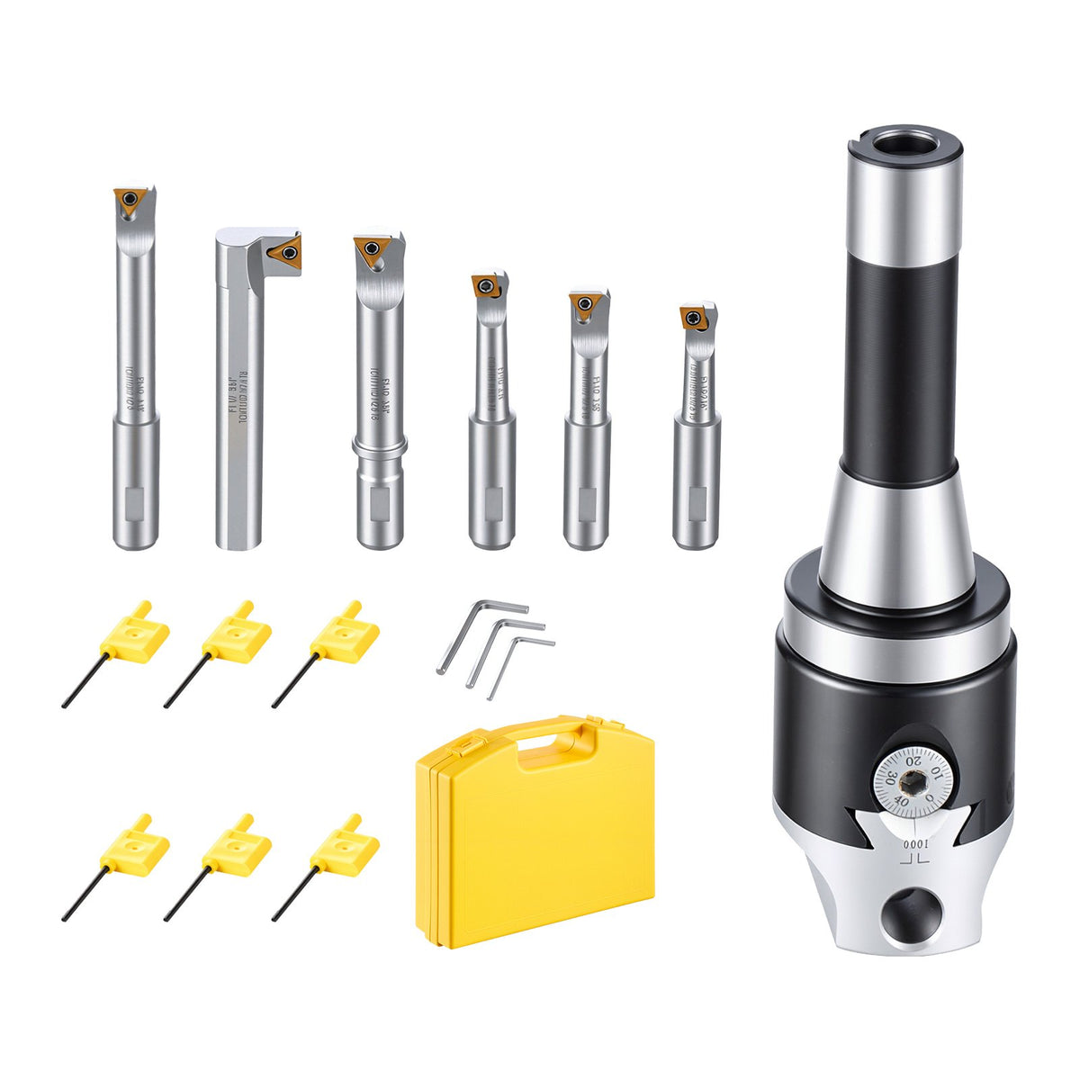 R8 Boring Head 2-Inch Indexable 8 Piece Boring Bar Set with R8 Shank, for Milling Machine Drill Press, 7/16" to 4-1/2", Precision Bore Diameter Adjustment, Hardened & Ground, Labeled Storage Box