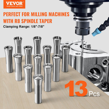 13-Piece Precision R8 Collet Set, 1/8"-7/8" for Milling Machines and Drill Presses