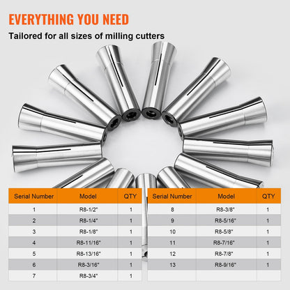 13-Piece Precision R8 Collet Set, 1/8"-7/8" for Milling Machines and Drill Presses