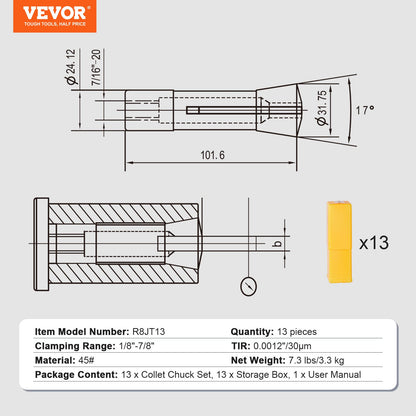 VEVOR 13 pcs Precision R8 Collet Set, 1/8'' - 7/8'', 45# Alloy Steel Mill Collet