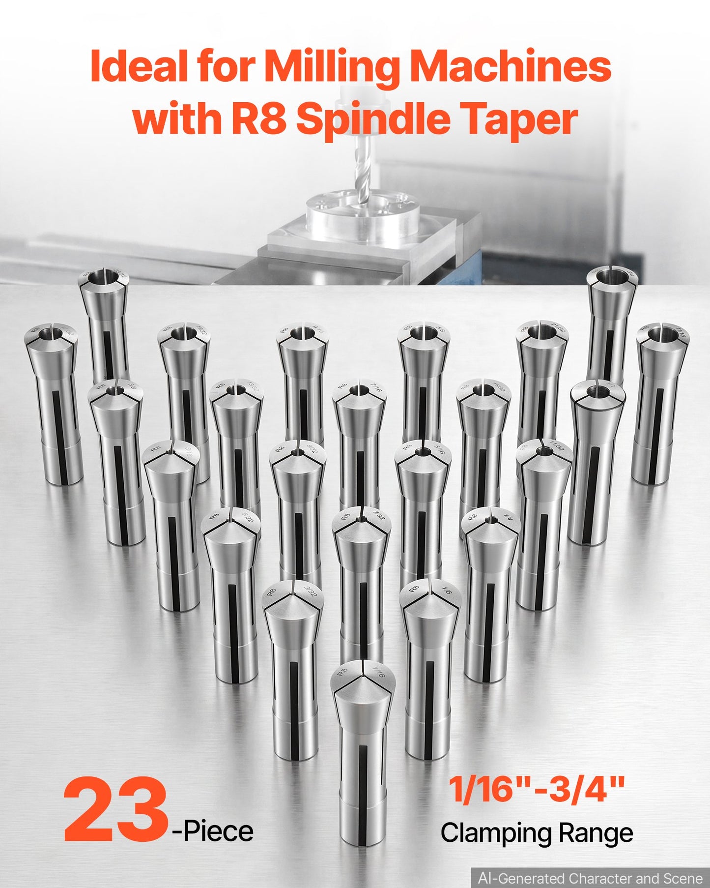 R8 Collet Set 1/16"-3/4" 23 Piece R8 Precision Mill Collet Chuck Set, for Milling Machine Drill Presses, 0.0008" TIR High Concentricity, Lathe Chuck Tool with Labeled Storage Box, Alloy Steel