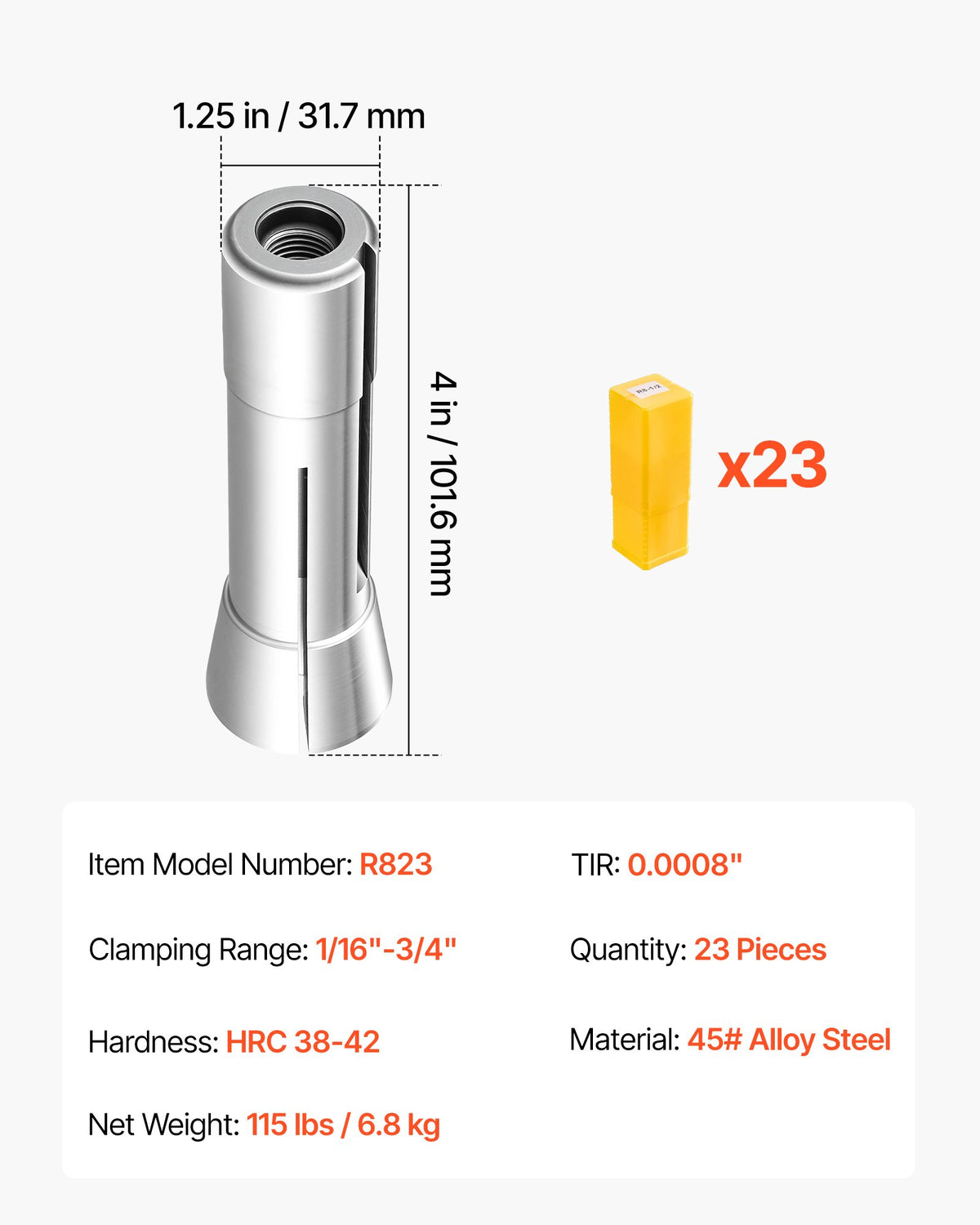 R8 Collet Set 1/16"-3/4" 23 Piece R8 Precision Mill Collet Chuck Set, for Milling Machine Drill Presses, 0.0008" TIR High Concentricity, Lathe Chuck Tool with Labeled Storage Box, Alloy Steel
