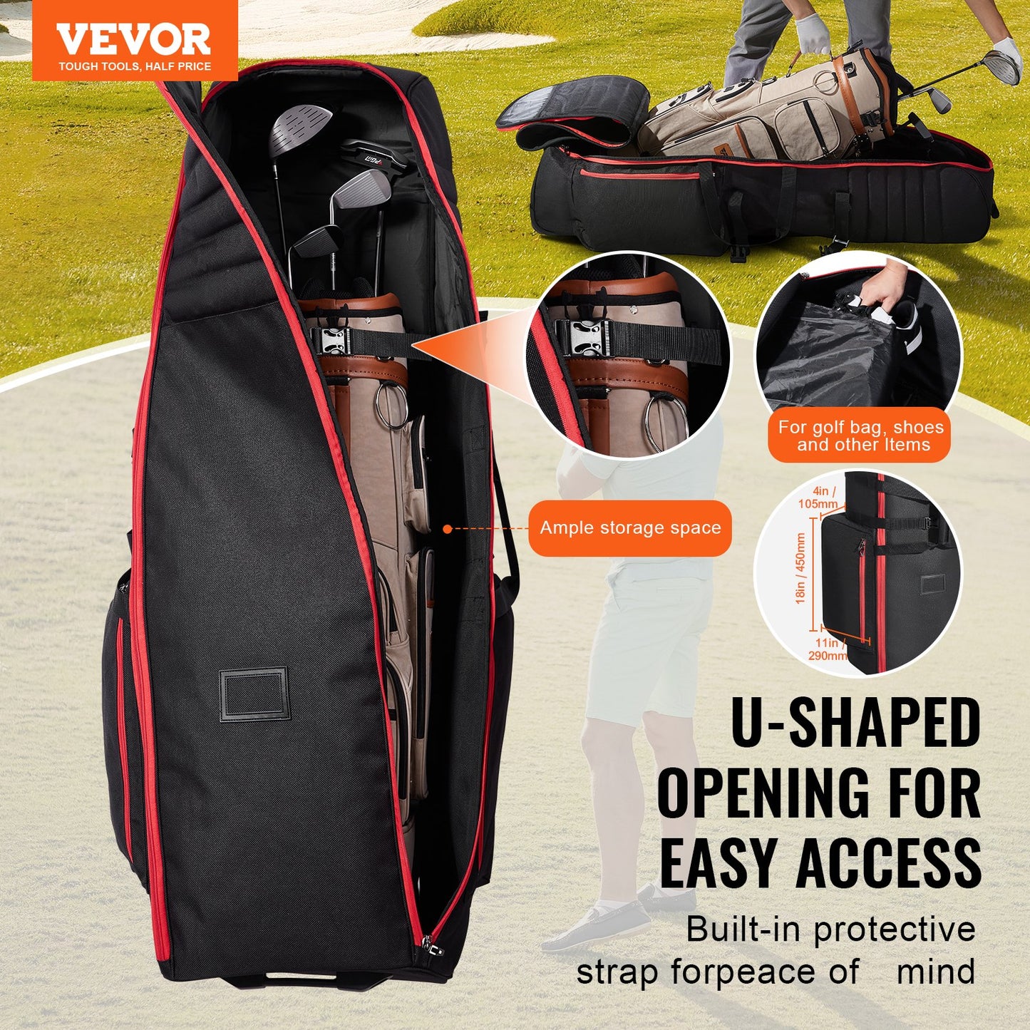 Golf Travel Bag, Outdoors Soft-Sided Golf Travel Cover, Heavy Duty 1800D Polyester Oxford Wear-Resistant Waterproof, Padded Luggage Case with Wheels, Foldable Golf Club Storage Bag for Airline