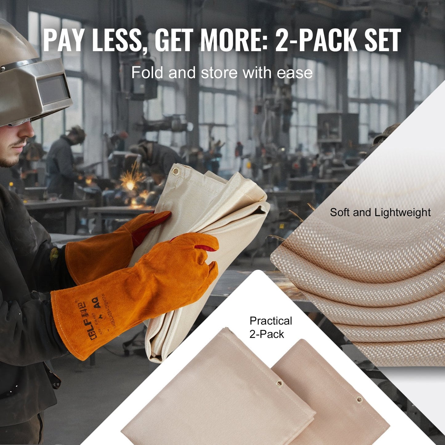 Heat-Resistant Fiberglass Welding Blankets - 1.2m x 1.8m, 2-Pack, Gold