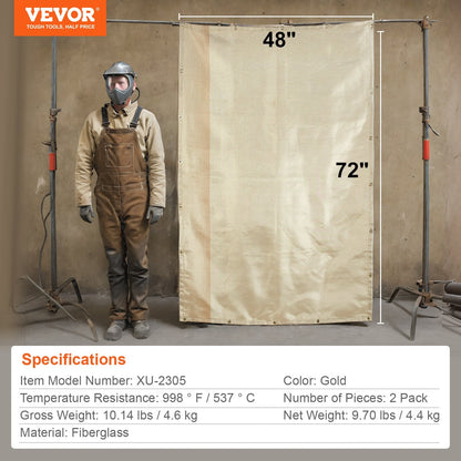 Heat-Resistant Fiberglass Welding Blankets - 1.2m x 1.8m, 2-Pack, Gold