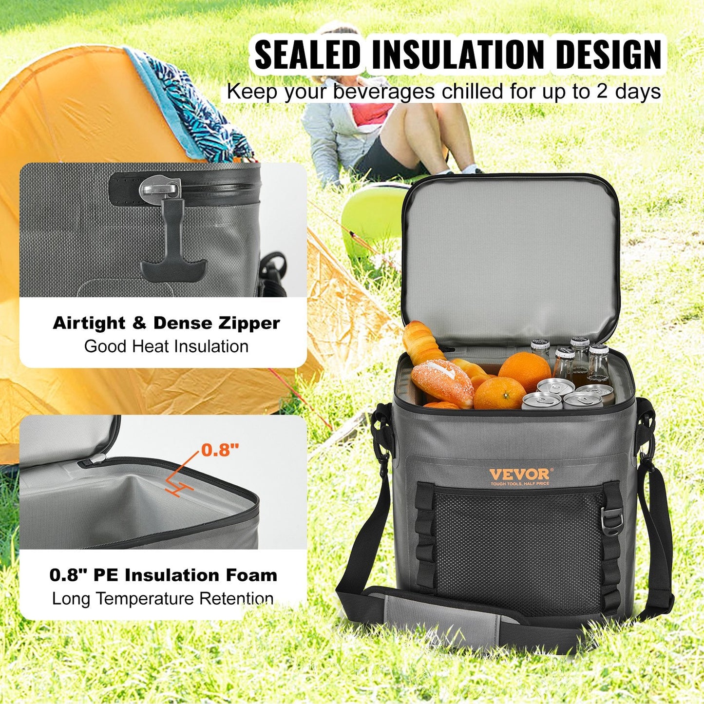 Waterproof 30-Can Soft Cooler Bag with Zipper for Outdoor Activities, Dark Gray